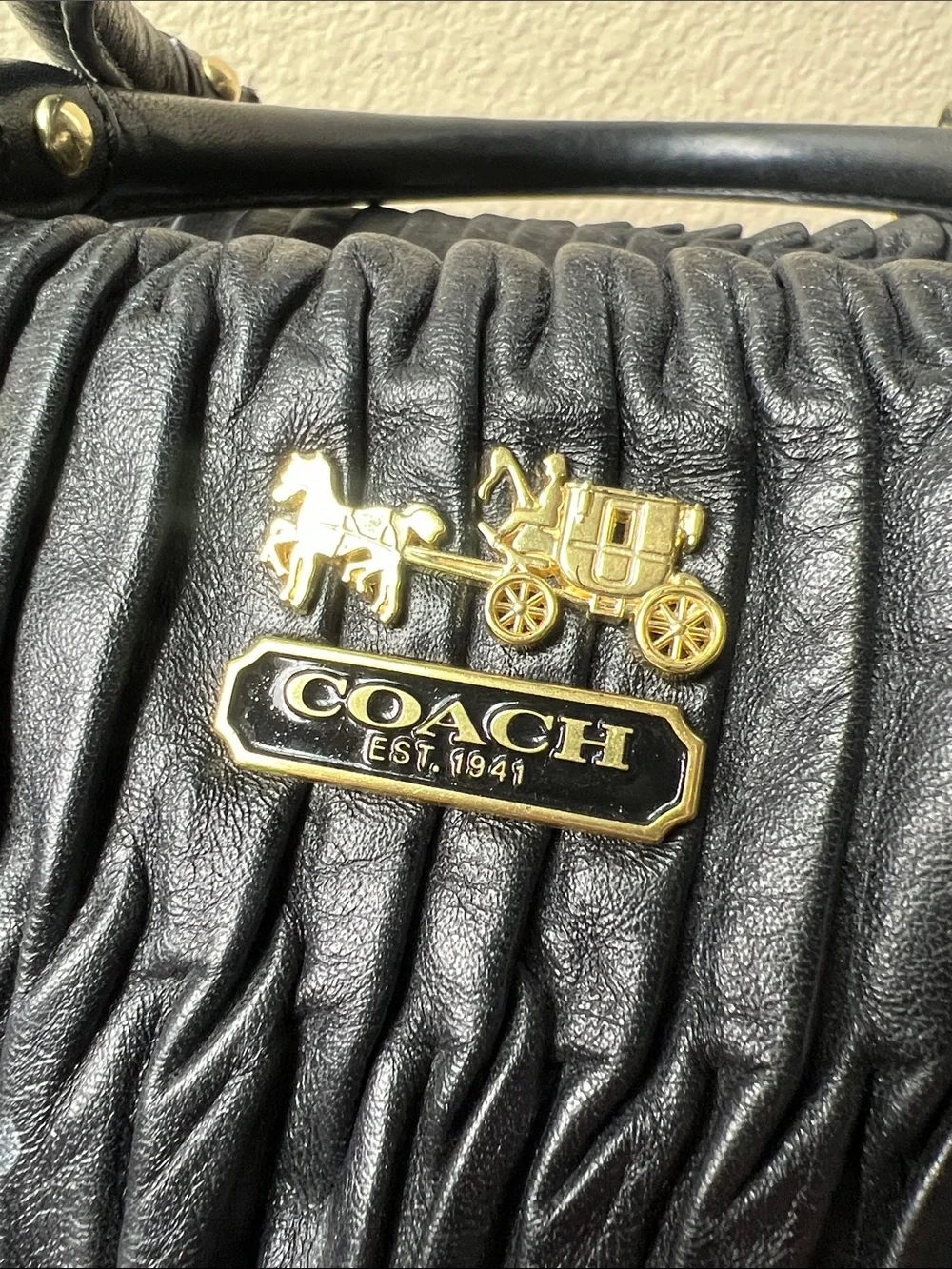 Coach Black Ruched Leather Satchel with Gold Hardware